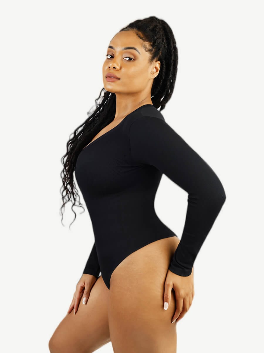 Long Sleeved V-neck Waist Shaping Tummy Control Seamless Bodysuit