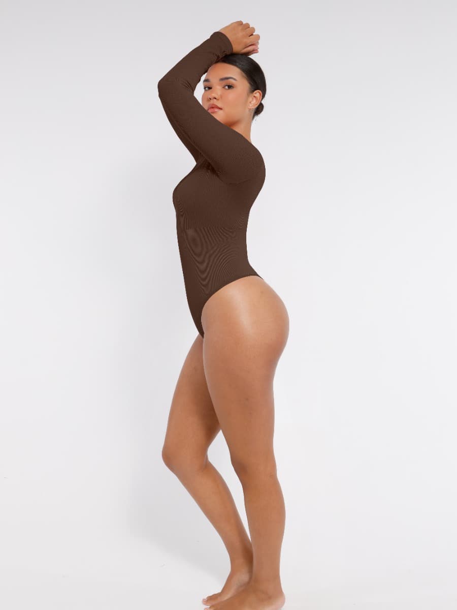 Long Sleeved V-neck Waist Shaping Tummy Control Seamless Bodysuit