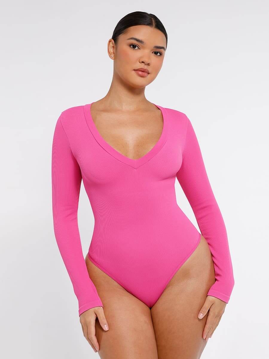 Long Sleeved V-neck Waist Shaping Tummy Control Seamless Bodysuit