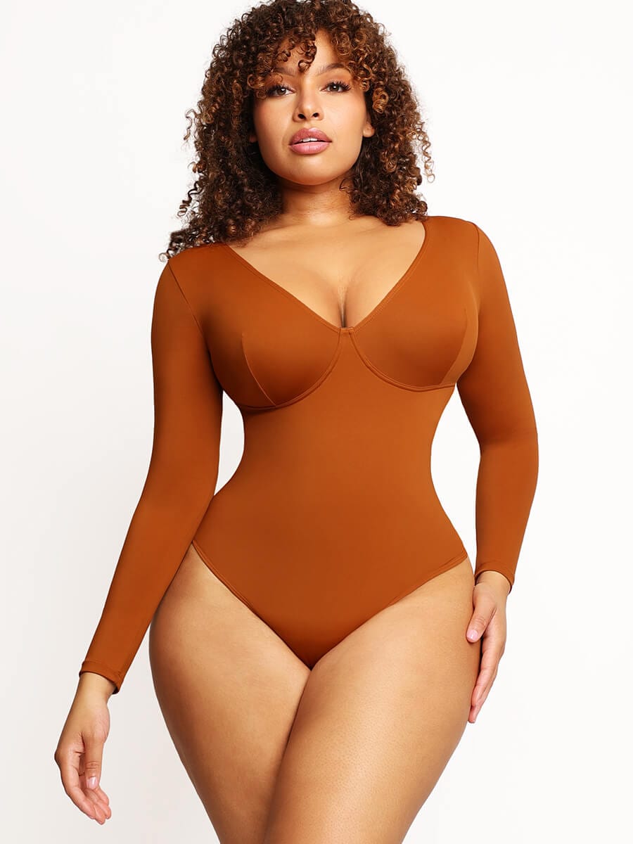 V-Neck Long Sleeve Thong Waist Control Bodysuit