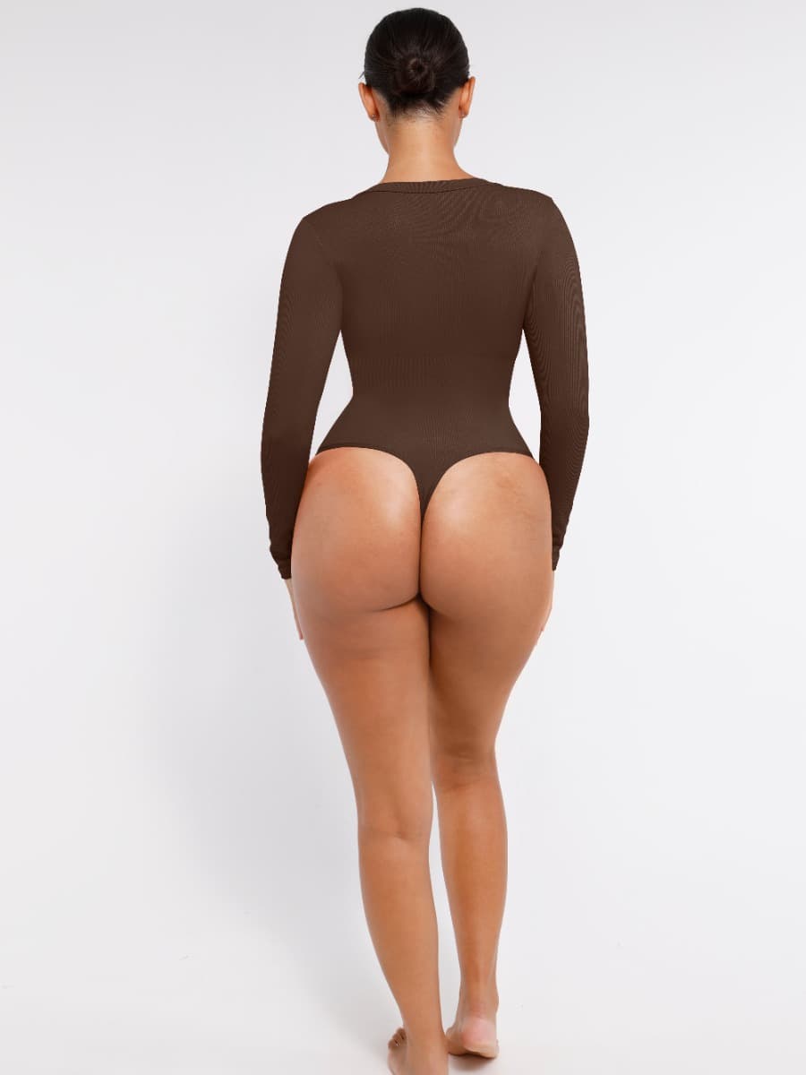 Long Sleeved V-neck Waist Shaping Tummy Control Seamless Bodysuit