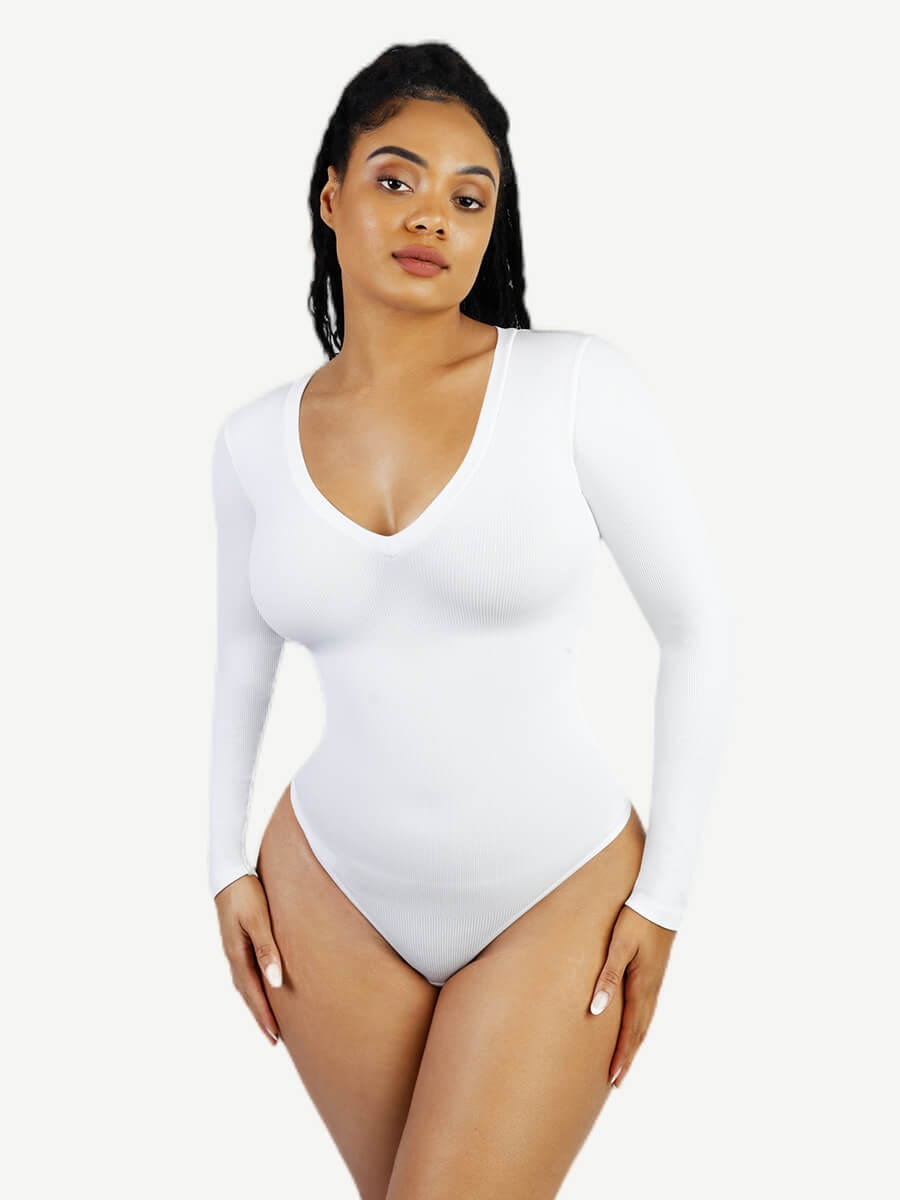 Long Sleeved V-neck Waist Shaping Tummy Control Seamless Bodysuit