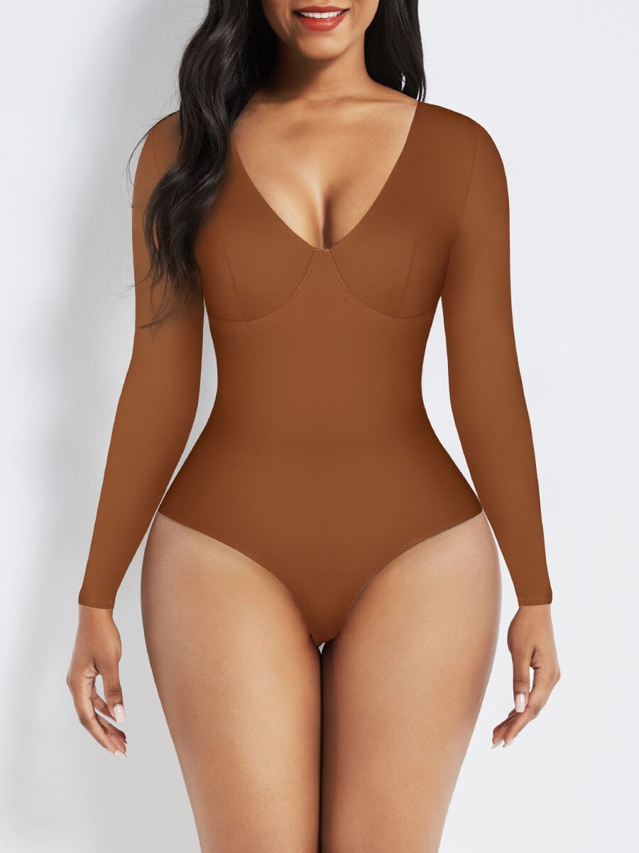 V-Neck Long Sleeve Thong Waist Control Bodysuit