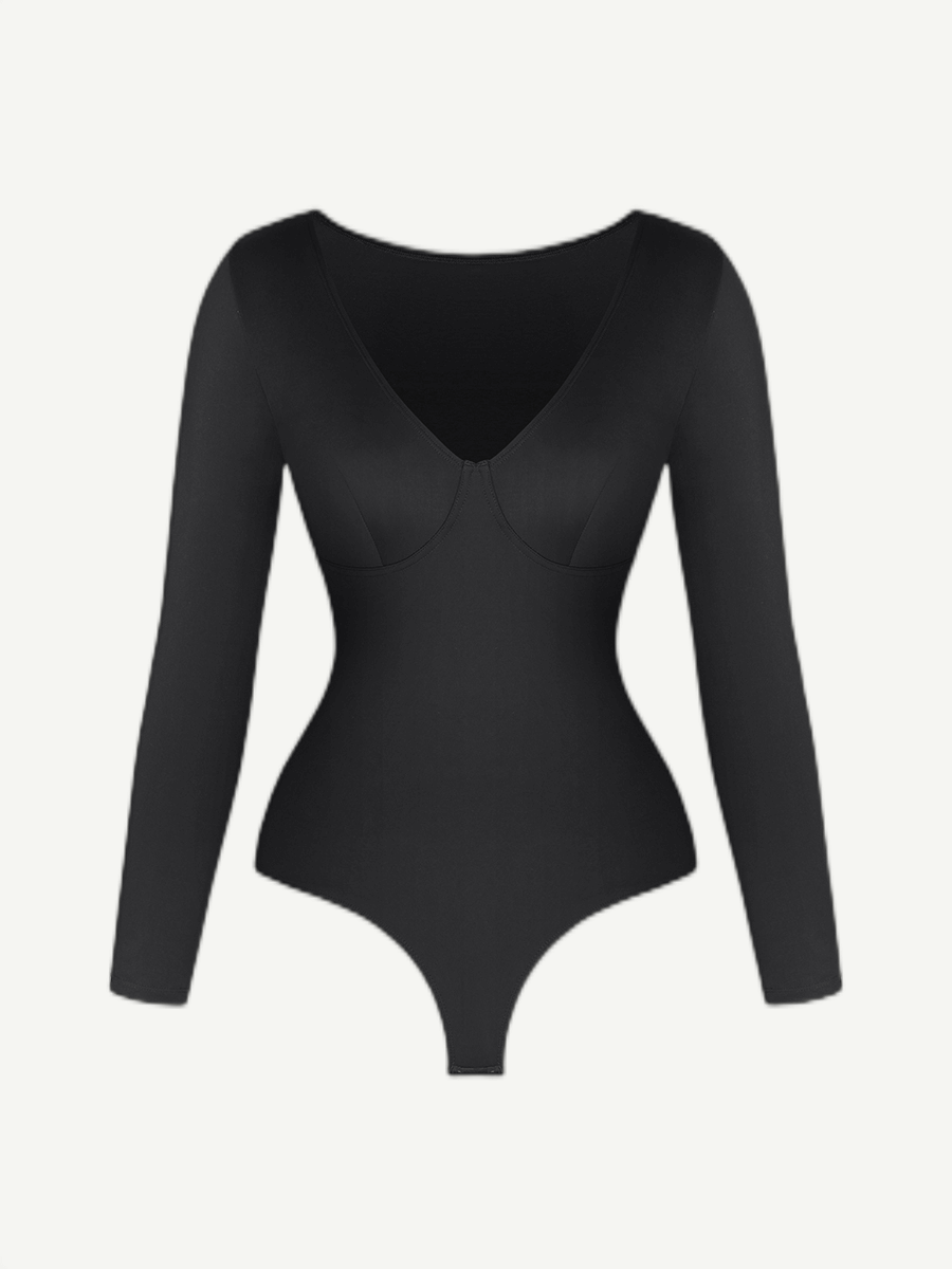 V-Neck Long Sleeve Thong Waist Control Bodysuit