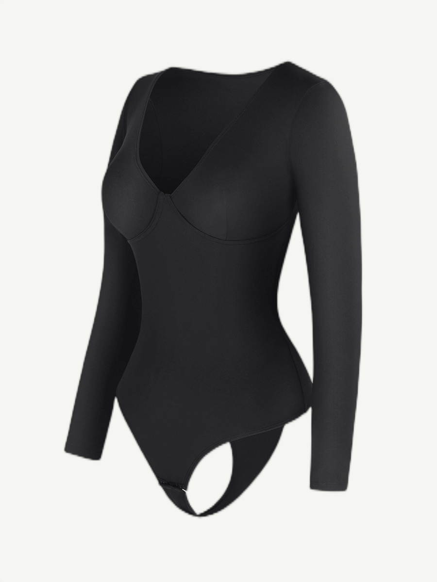 V-Neck Long Sleeve Thong Waist Control Bodysuit