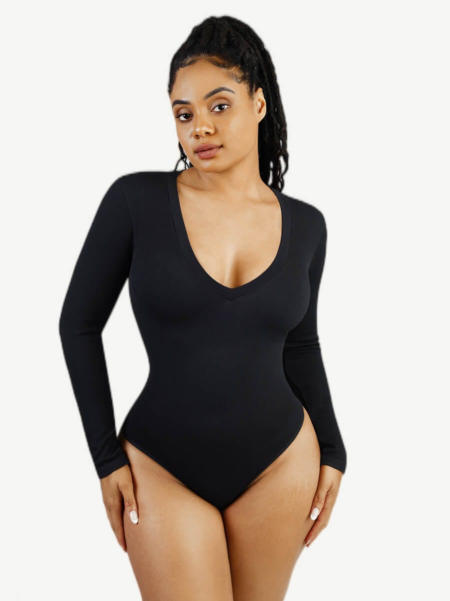 Long Sleeved V-neck Waist Shaping Tummy Control Seamless Bodysuit