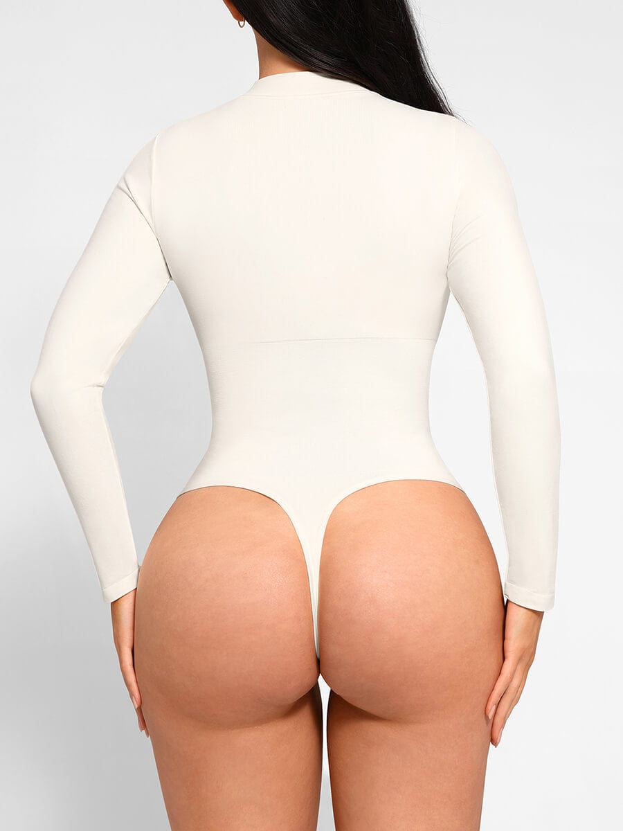 Seamless Long Sleeve Zipper Thong Bodysuit