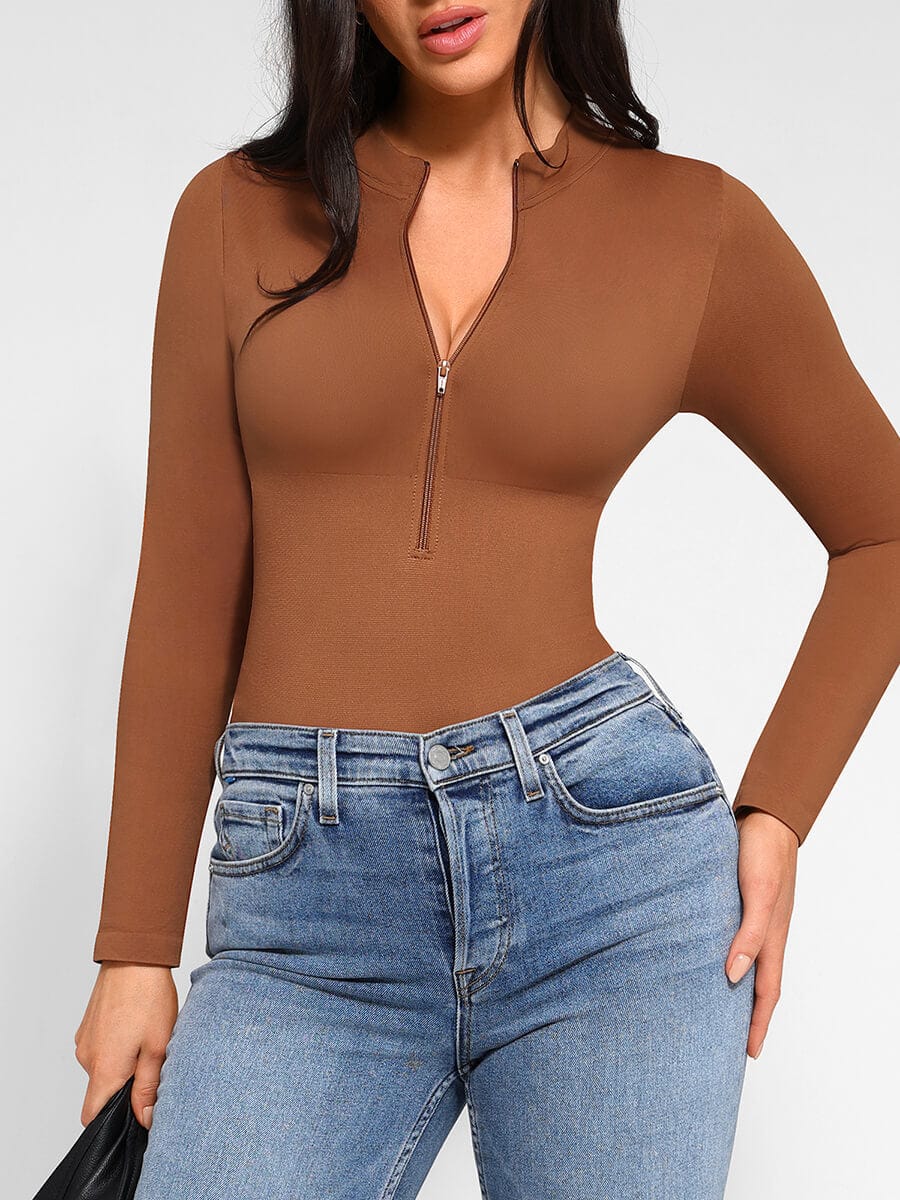 Seamless Long Sleeve Zipper Thong Bodysuit