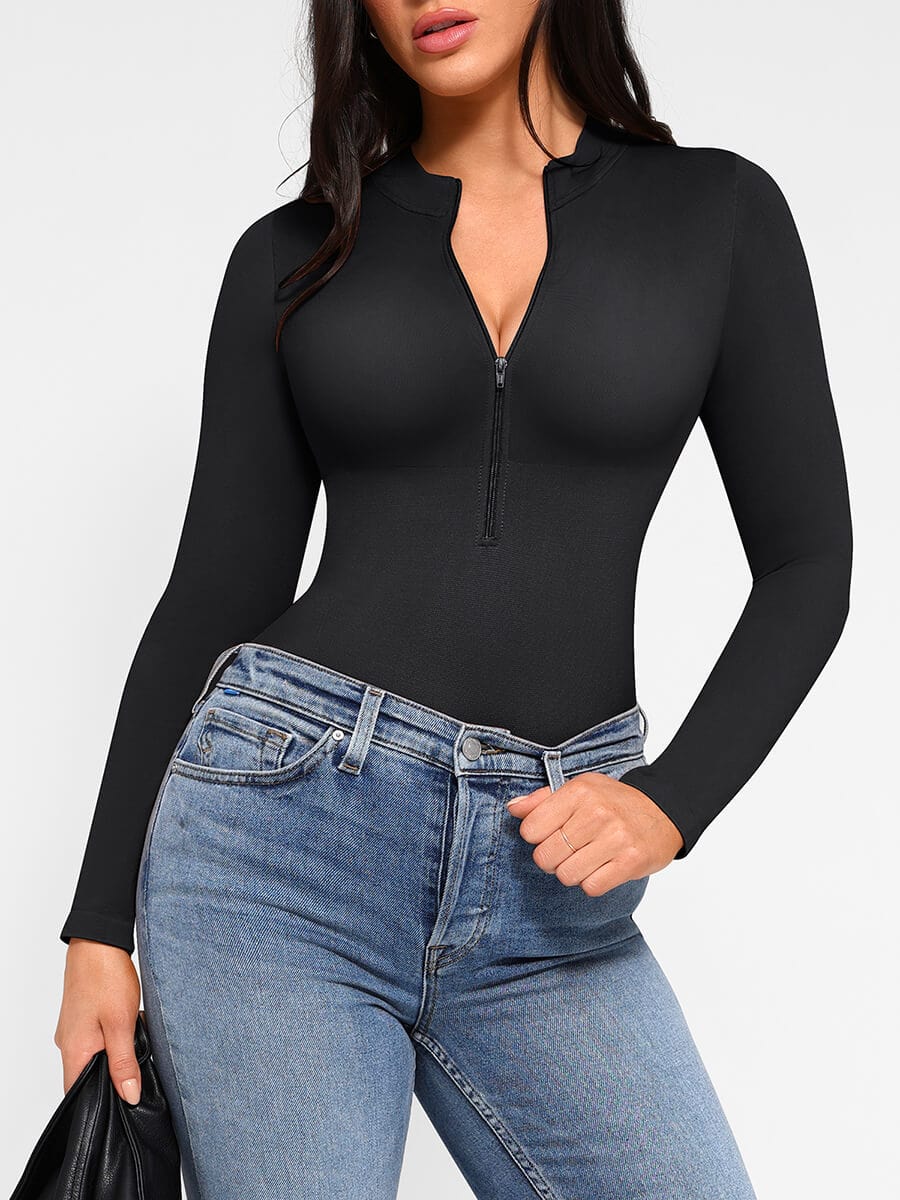 Seamless Long Sleeve Zipper Thong Bodysuit