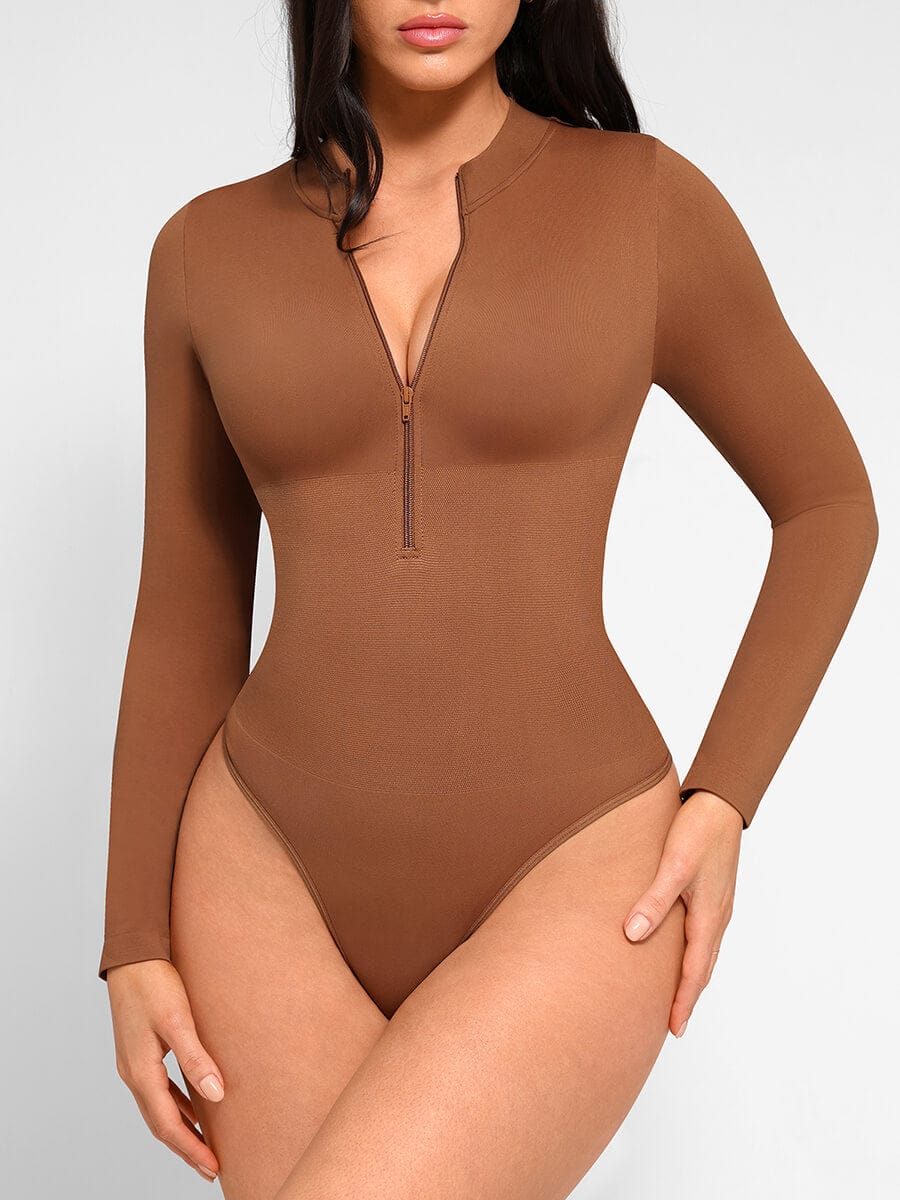 Seamless Long Sleeve Zipper Thong Bodysuit