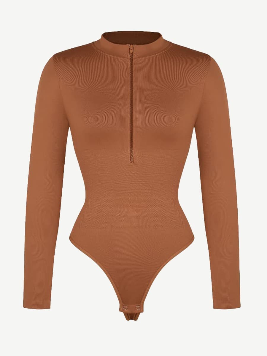 Seamless Long Sleeve Zipper Thong Bodysuit