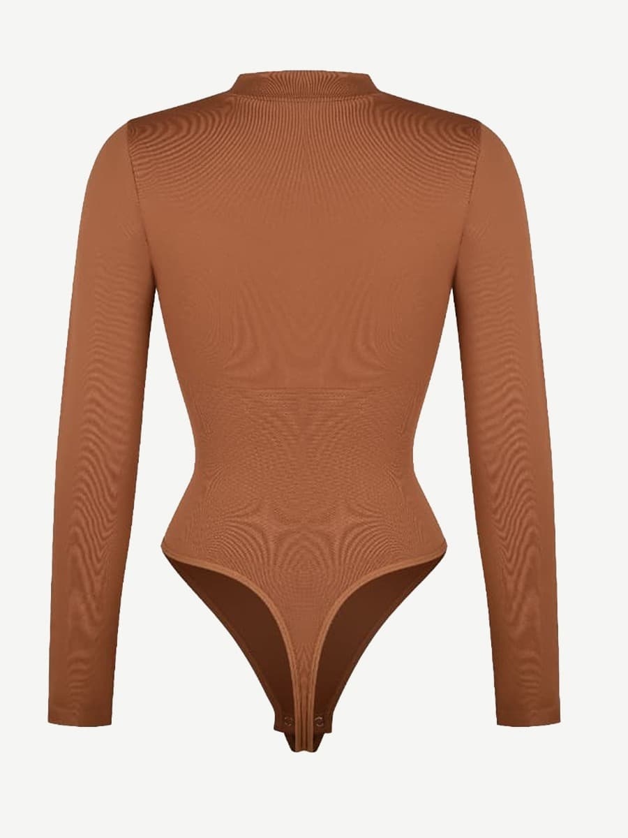 Seamless Long Sleeve Zipper Thong Bodysuit